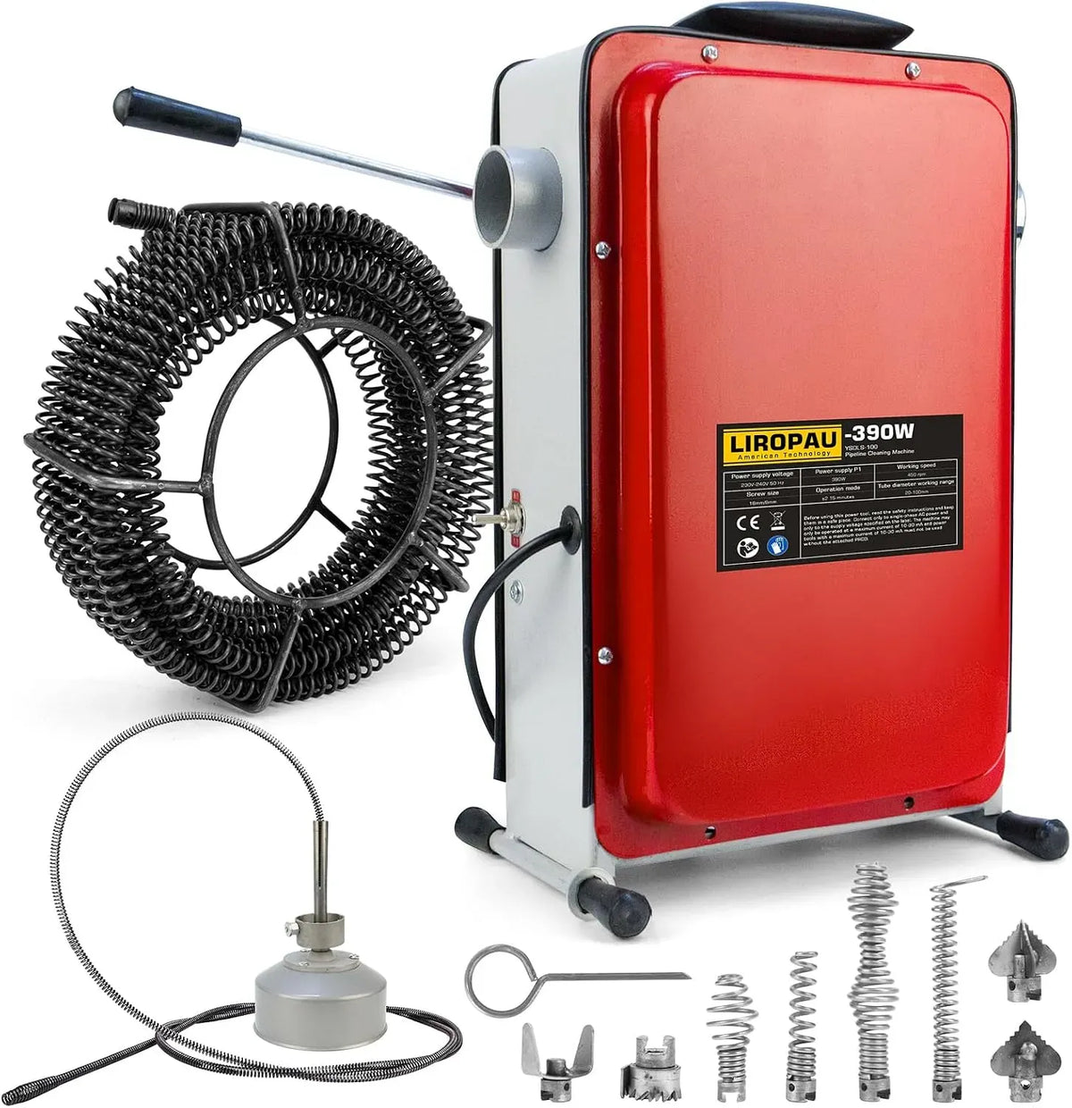 W 450 et de 16 mm, pour tuyaux de Ø 20 à 100 mm, Déboucheur électrique 390 tr/min avec disjoncteur différentiel, spirales de Ø 8 mm, 10 m, 14,5 m