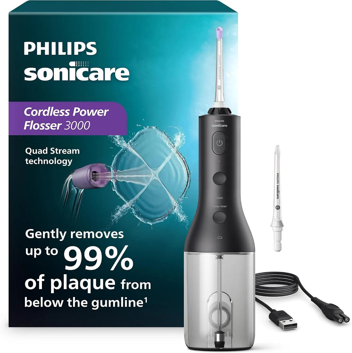 Philips IPX7 étanchéité, Hydropulseur avec technologie innovante Quad Stream, Sonicare Hydropulseur sans fil 3000, irrigateur buccal avec 2 modes de