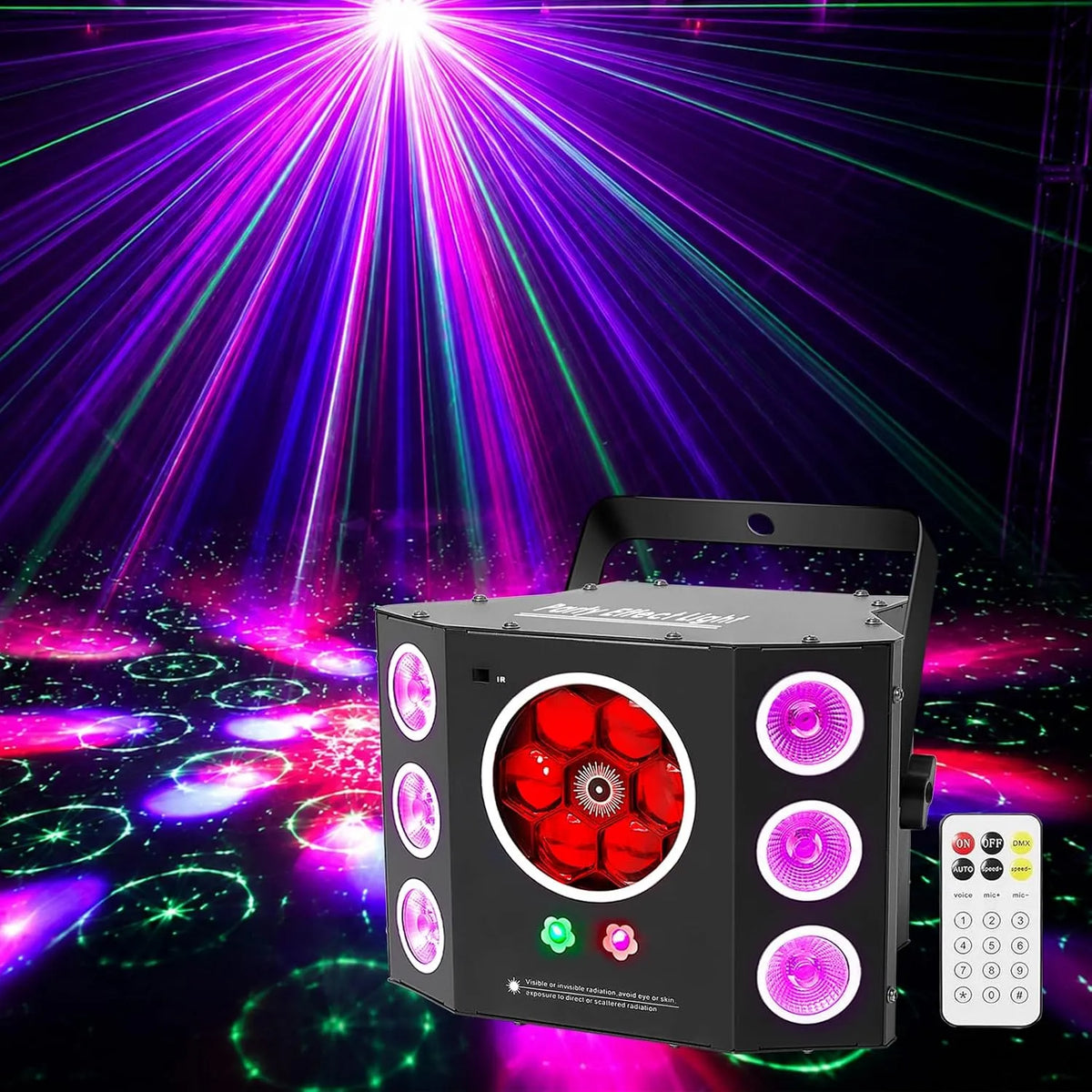 lumières DJ, lumières stroboscopiques LED 4 en 1 et effet Gobos à faisceau rouge vert, Lumières de fête, 16 canaux DMX avec son activé pour Noël