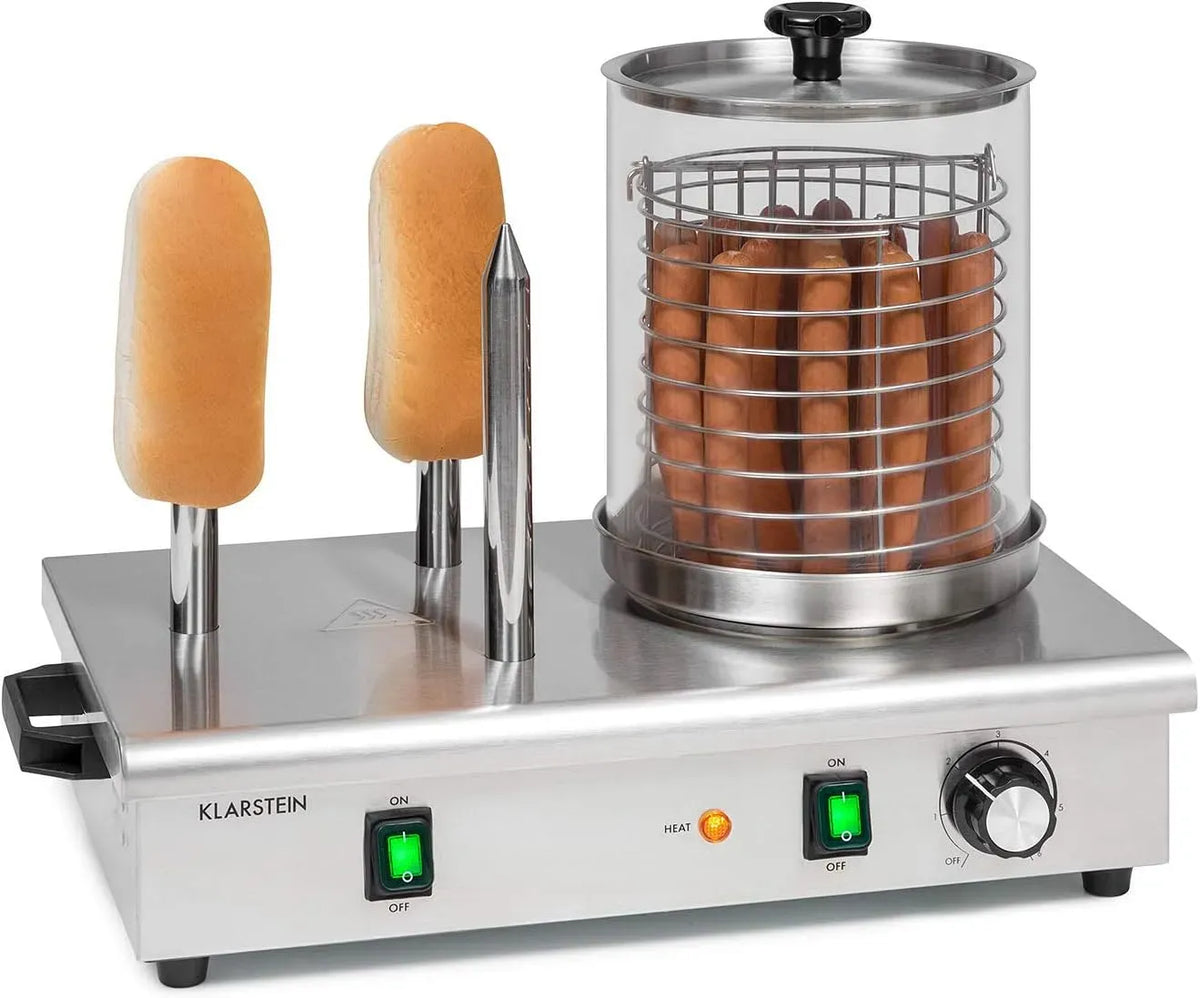 Klarstein machine à hot-dogs, cuiseur, 20 cm, 600 W, 30 à 100 °C, 17 cm, thermostat, acier inoxydable, fonction chauffante, argenté, verre