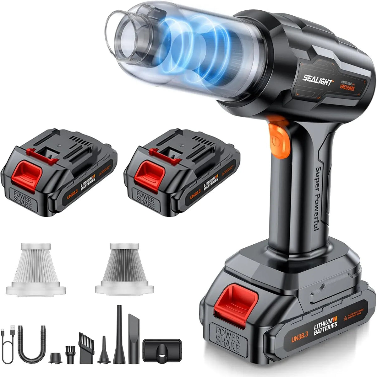 Aspirateur, SEALIGHT 2er 9-en-1, appareil électrique d'aspiration, 35000Pa Aspirateur Voiture Puissant sans Fil avec 2er Batteries Rechargeables