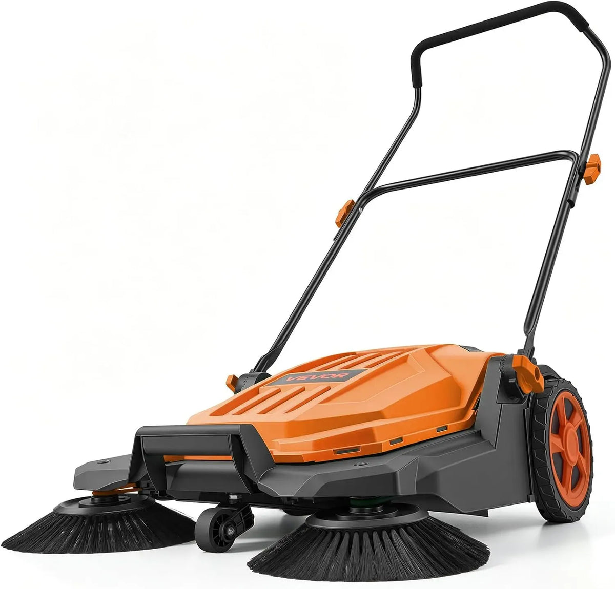 VEVOR Non Électrique, Poignée Pliable Réglable, pour Jardins, Balayeuse Manuelle à Pousser Balayeuse Mécanique Balayage 65cm Orange, avec Bac à