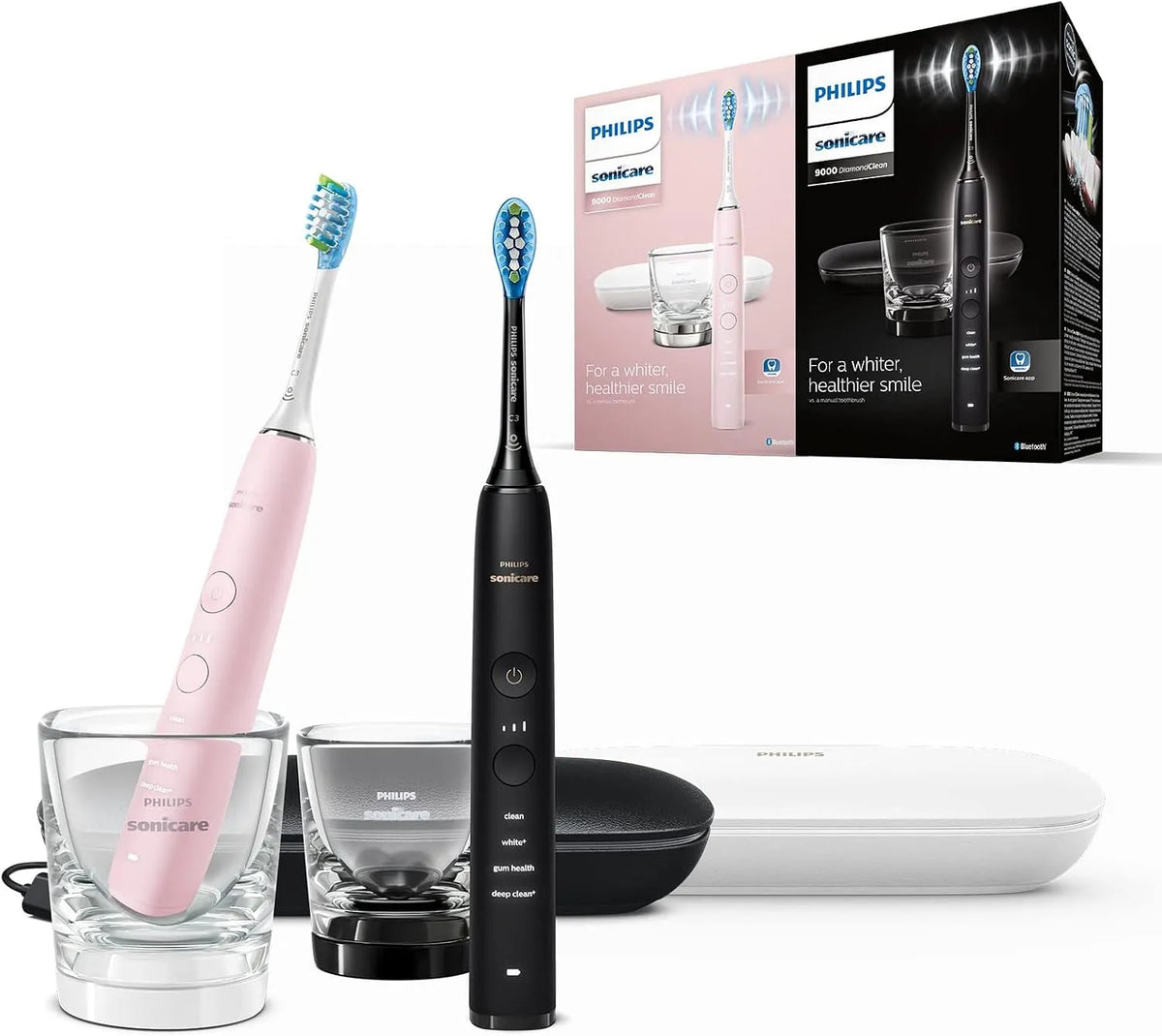 Philips HX9911/09 HX9911/29 Noir & Rose, étuis de voyage et verres de charge par induction, Sonicare Coffret DiamondClean 9000 brosses à dents