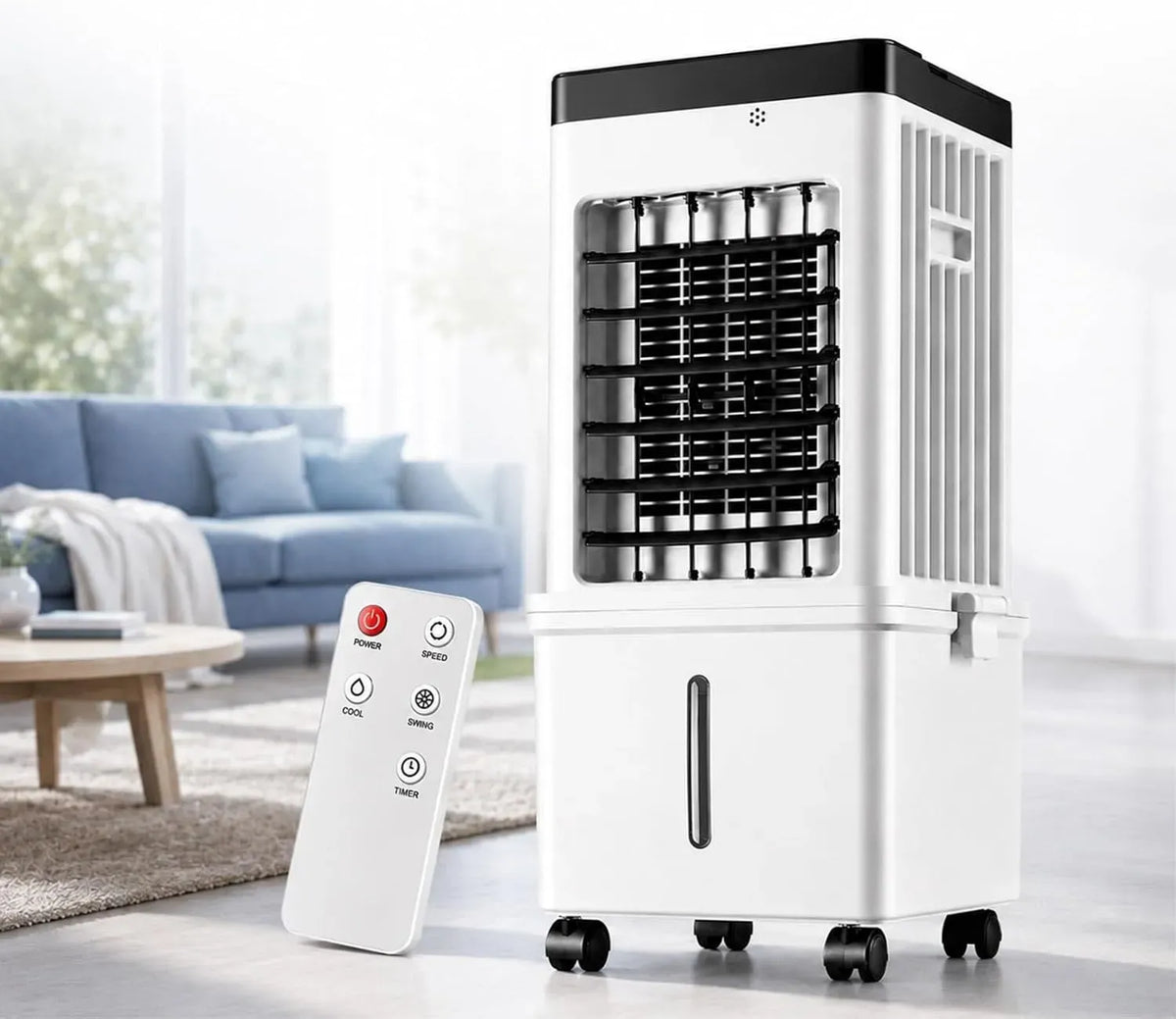Climatiseur 4-en-1, 15 L, portable, 3 vitesses, oscillation, grand réservoir, Oscillation 90°, 4 Packs de Glace