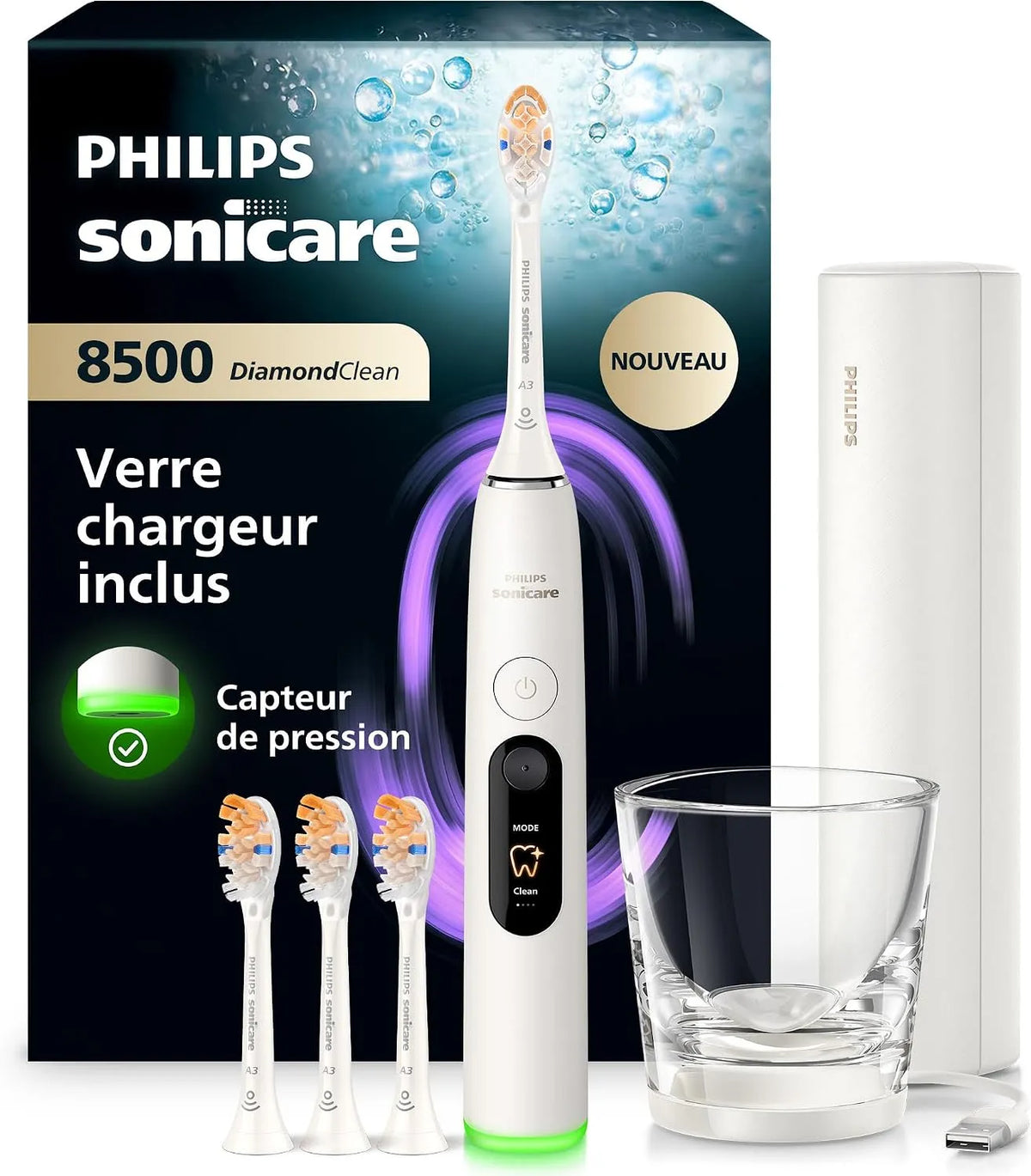 Philips HX8515/11 capteur, brosse, brosse à dents rechargeable, dalle IPS, blanc